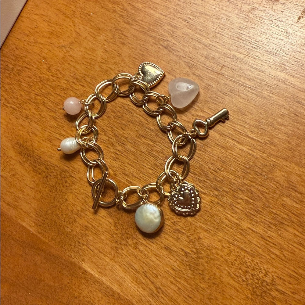 Gold Charm Bracelet with Heart and Key Accents